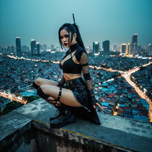Cyberpunk Woman Perched on Rooftop in Neo-Saigon