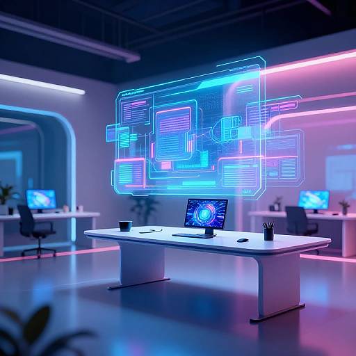 Neon-lit futuristic office with glowing blue and pink digital interface on wall, sleek white desks, laptops, and chairs in background.