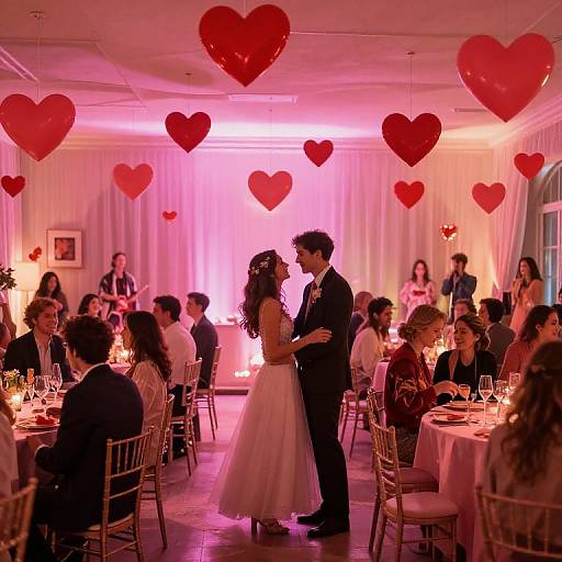Photograph of a romantic wedding reception with red heart balloons, pink lighting, bride in white gown, groom in black suit, guests seated at round tables