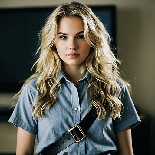Young Woman with Blonde Wavy Hair in Blue Shirt