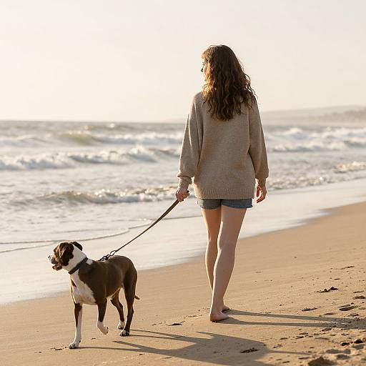 Woman Walking Dog on Sandy Shore