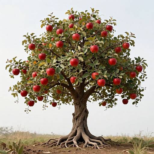 Photograph of a lush apple tree with numerous red apples, green leaves, and exposed roots, standing in a grassy field.