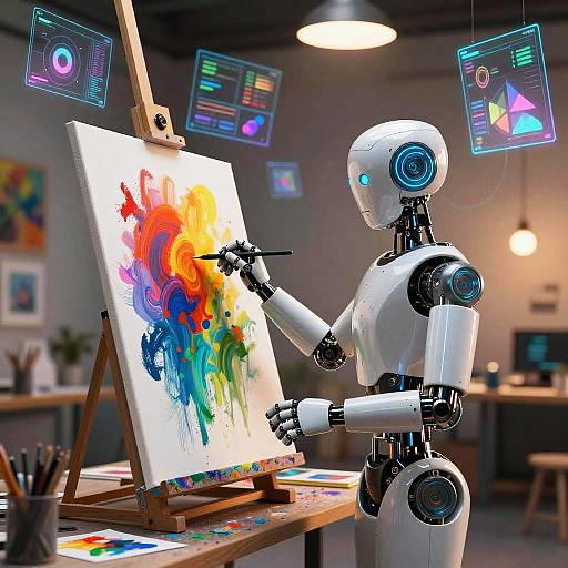 Photorealistic CGI of a white robotic artist painting vibrant abstract on canvas, surrounded by digital design screens in a modern studio.