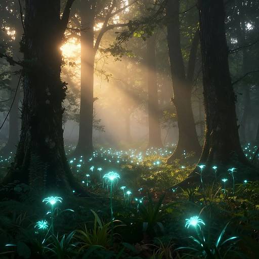 Enchanted forest photograph with glowing blue flowers, tall dark trees, and golden sunlight filtering through mist, creating a magical atmosphere.