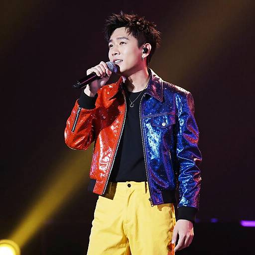 Photograph of an Asian male singer with black spiky hair, wearing a shiny red and blue jacket, black shirt, and yellow pants, singing into
