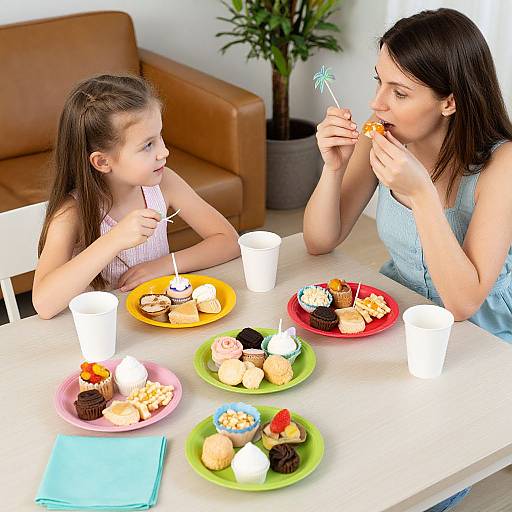 Photograph of a mother and daughter sharing a dessert, sitting at a table with colorful plates of cupcakes and drinks.