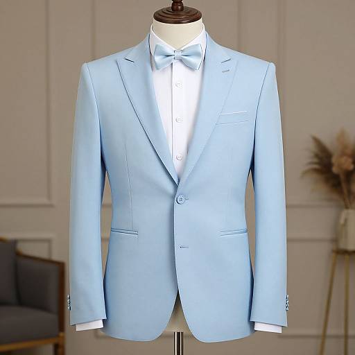 Photograph of a light blue, single-breasted suit jacket with a white shirt and bow tie, displayed on a mannequin in a softly lit