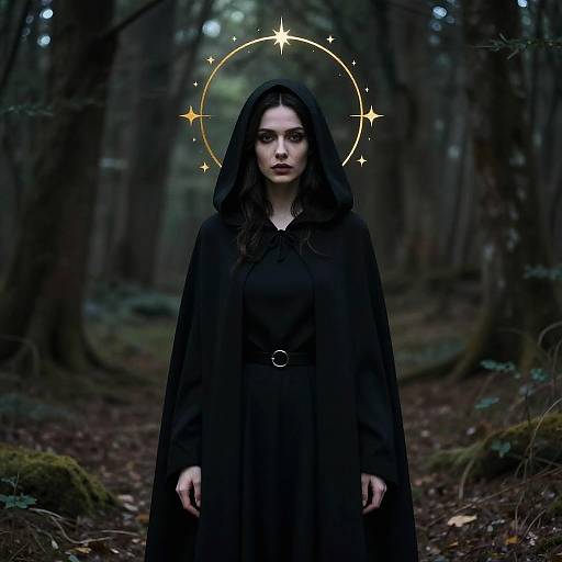 Photograph of a pale-skinned woman with long black hair, wearing a black dress and cloak, standing in a dark, misty forest. Golden