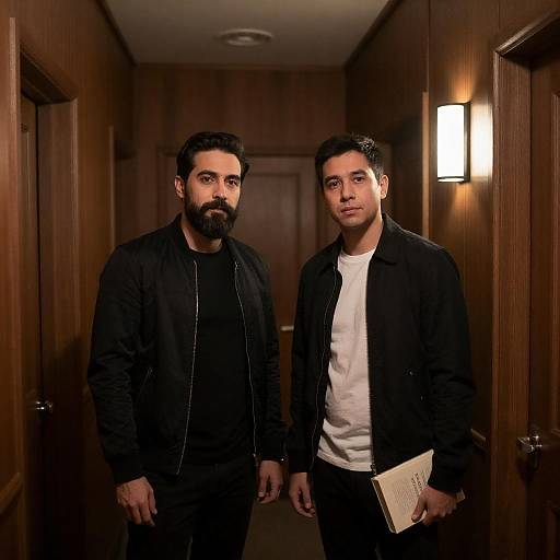 Dimly Lit Wooden Hallway Two Men