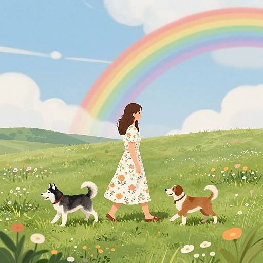 Digital illustration of a woman in a floral dress walking a black and white dog and a brown and white dog through a sunny, flower-filled meadow with