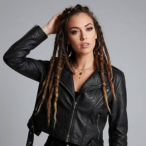 Photograph of a confident woman with long dreadlocks, wearing a black leather jacket, hoop earrings, and a necklace, against a light gray background.
