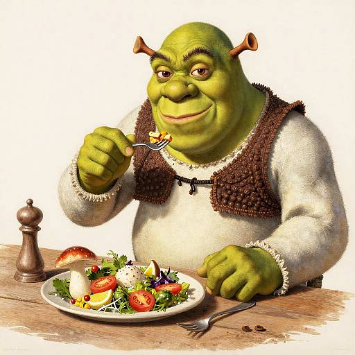 A green-skinned, horned ogre in a white and brown vest eats a salad with fork, pepper shaker nearby, plate of vegetables and