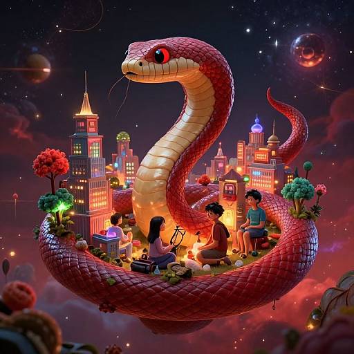 Digital art: A large red snake coils around a whimsical city with glowing buildings, surrounded by floating planets. Four Asian children, with laptops, sit