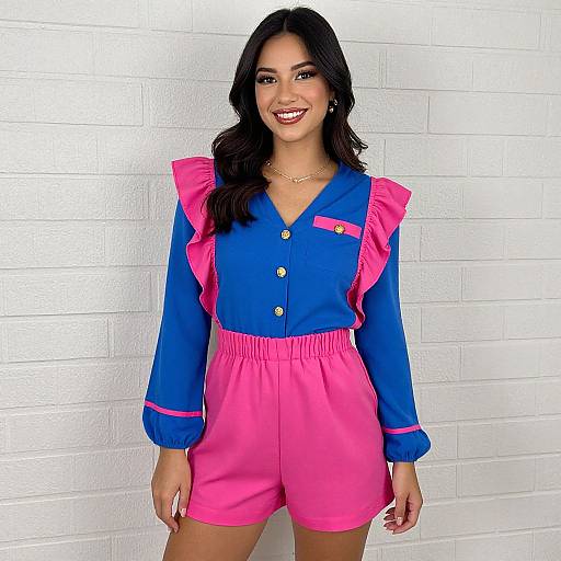 Photograph of a smiling woman with long black hair, wearing a blue and pink romper with ruffled shoulders, standing against a white brick wall.