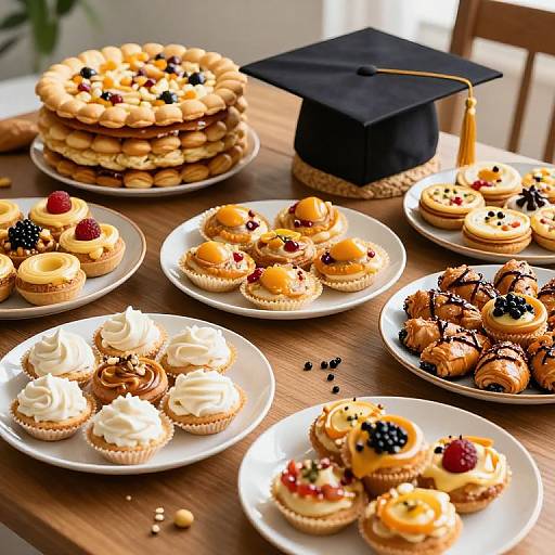 Photograph of a wooden table with various decorated pastries, including topped cupcakes and a stack cake, and a black graduation cap in the background.