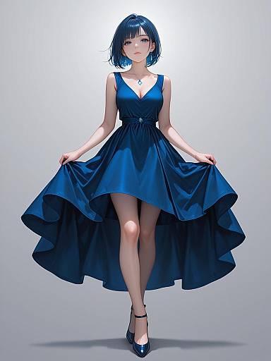 Digital anime-style drawing of a beautiful woman with short black hair in a deep blue, sleeveless, V-neck dress, holding the skirt, wearing black