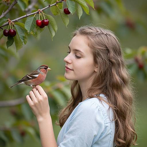 Photograph of a young woman with wavy brown hair, light blue shirt, gently holding a small red-breasted bird on her finger, surrounded by