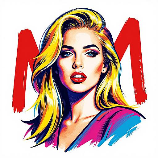 Digital pop art portrait of a blonde woman with red lips, blue eyes, and bold makeup, set against a white background with red 