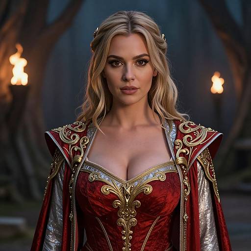 Photograph of a blonde woman with wavy hair, wearing an ornate red and gold medieval gown with a low neckline, standing in a dark,