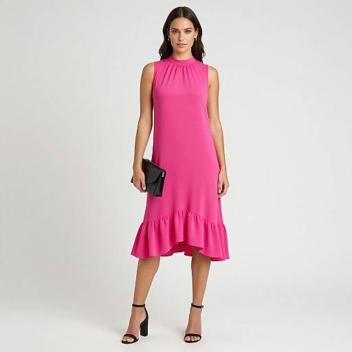 Photograph of a woman with dark hair in a sleeveless, bright pink, knee-length dress with a ruffled hem, holding a black clutch,