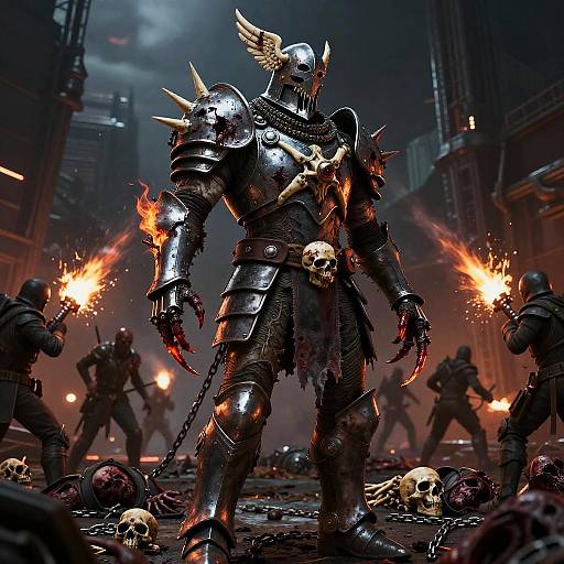 Digital artwork of a dark, armored warrior with wings on helmet, wielding fiery weapons, surrounded by flames, skulls, and other armored figures.