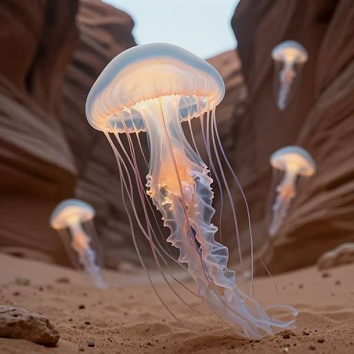 Photograph of glowing, translucent jellyfish with long, flowing tentacles floating in a narrow, sandy canyon with towering, reddish-brown rock walls