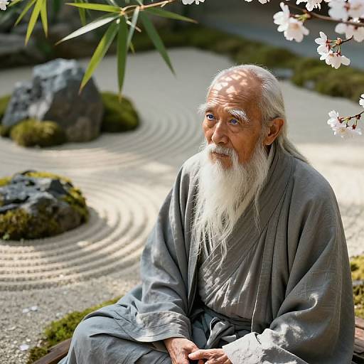 Photograph of an elderly Asian man with a long white beard, wearing a gray robe, sitting in a serene Japanese garden with a raked gravel path