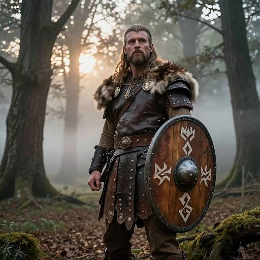 Photograph of a bearded Viking warrior with long hair, wearing fur-lined armor, holding a wooden shield with a metal boss and intricate runes, standing