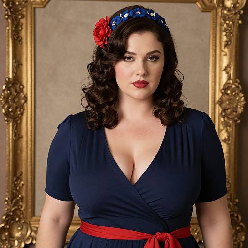 Photograph of a curvy, fair-skinned woman with dark curly hair, wearing a navy dress with deep neckline, red belt, blue headband