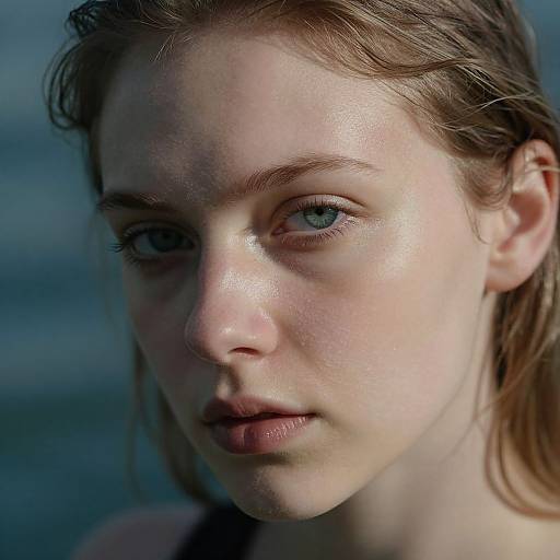 Close-up photograph of a young woman with fair skin, blue eyes, and light brown hair, gazing intently, with a slightly shiny, natural