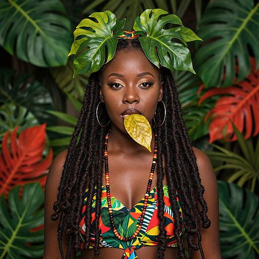 Photograph of a dark-skinned woman with long dreadlocks, wearing a colorful tropical bikini, large green leaves on her head, and a yellow leaf