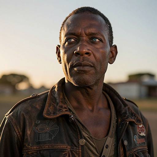 Photograph of a serious, dark-skinned African man with short hair, wearing a worn, brown leather jacket over a green shirt, backlit by