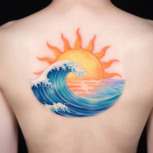 Colorful tattoo of a blue ocean wave crashing into an orange sun on a person's bare back. Bright, vivid imagery against pale skin. Photoreal