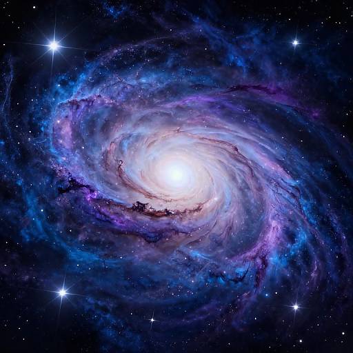 Photograph of a vibrant spiral galaxy with a bright, glowing core, surrounded by swirling blue, purple, and pink nebulae, set against a