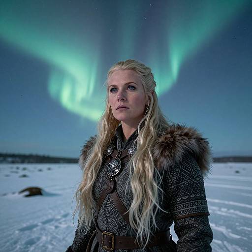 Photograph of a blonde woman with long hair, wearing a fur-trimmed medieval-style cloak, standing in a snowy landscape under the Northern Lights.