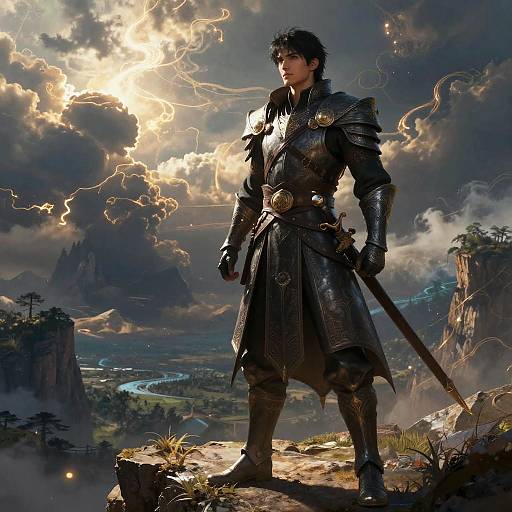 Photorealistic digital art of a muscular, black-haired man in ornate black armor with sword, standing on rocky cliff, dramatic cloudy sky, mountains