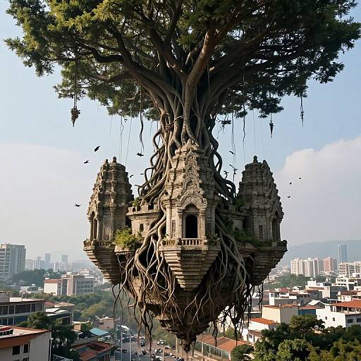 Photorealistic CGI of a tree with ancient, temple-like structures integrated into its trunk, surrounded by a cityscape with modern buildings.