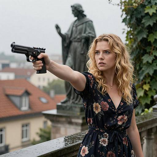 Intense Blonde Woman in Dark Floral Dress