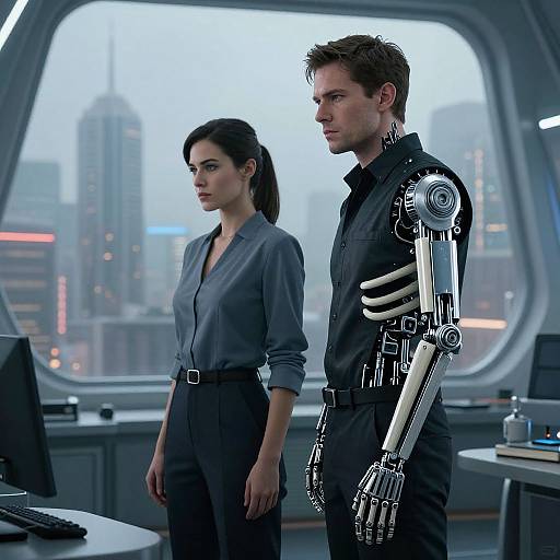 Photograph-like CGI of a cybernetic man in black shirt with exposed robotic arm, standing beside a woman in gray blouse, in futuristic office with