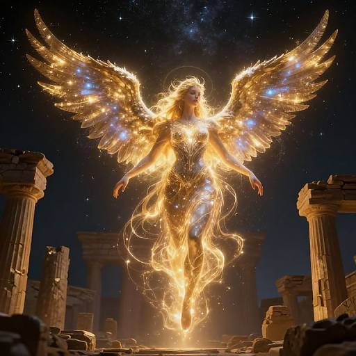 Digital art of a radiant, golden-winged angel with glowing star-like accents, floating amid ancient ruins under a starry night sky.