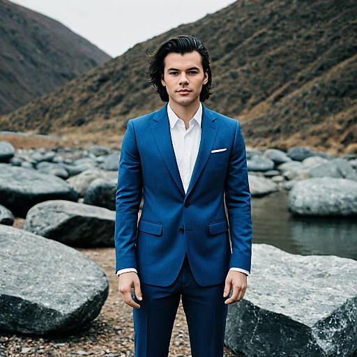 Harry Styles in a Blue Suit Outdoors