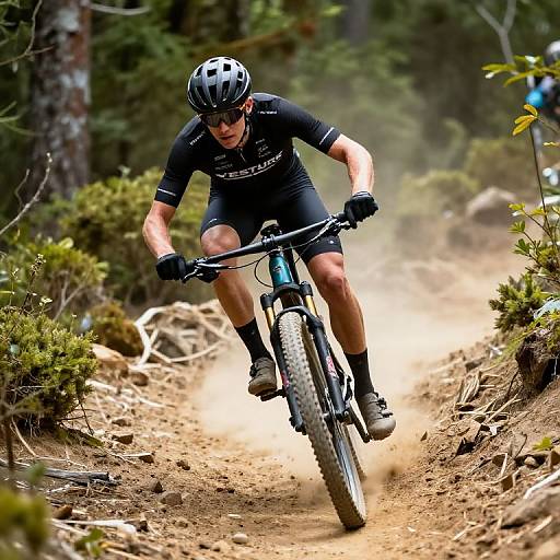 Photograph of a male mountain biker in black gear and helmet, riding a blue bike on a dusty forest trail.