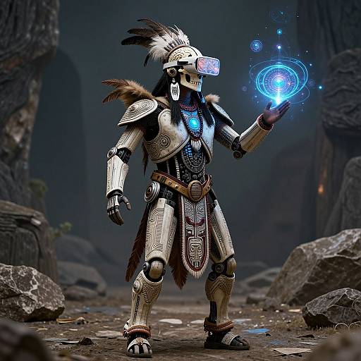 Digital art of a futuristic, armored Native American warrior with feathered helmet, glowing blue orb, standing in a rocky, dark forest.