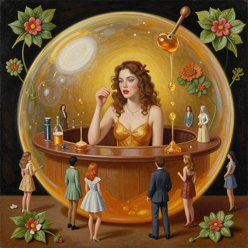 Digital painting of a giant woman with curly hair, golden dress, sipping honey from a ladle, surrounded by tiny people and flowers in a glowing