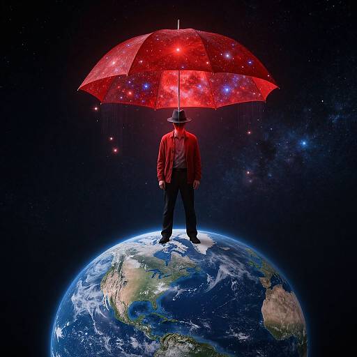 Photograph of a man in a red shirt and black pants, standing on Earth under a red, galaxy-patterned umbrella in space.