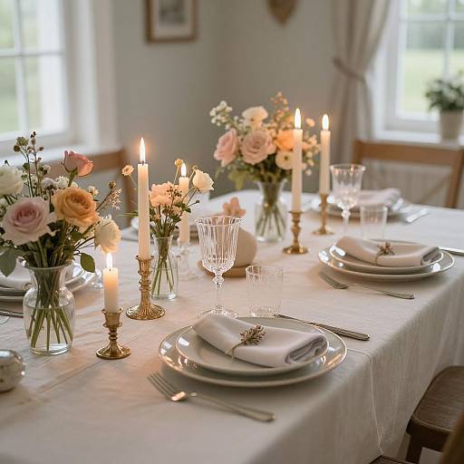 Elegant dining table setup with white tablecloth, glass vases of pastel roses, gold candlesticks, lit candles, crystal glasses, and white