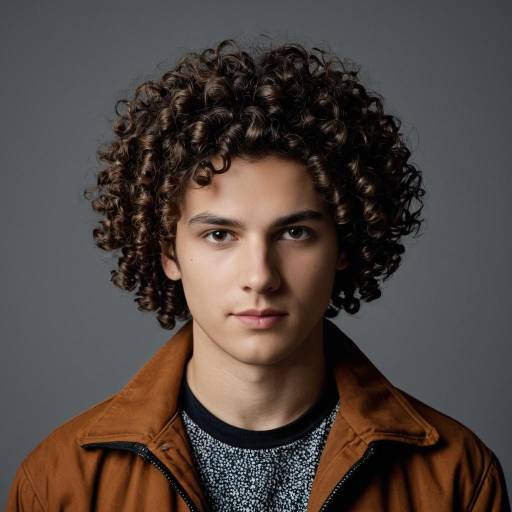 Portrait of Young Man with Curly Hair in Brown Jacket