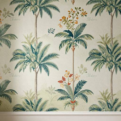 Vintage-style wallpaper featuring detailed, colorful botanical illustrations of palm trees and tropical plants, with 