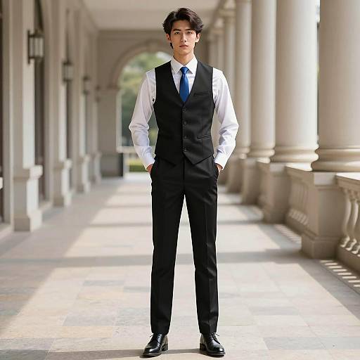 Young Asian Man in Formal Wear Outdoors