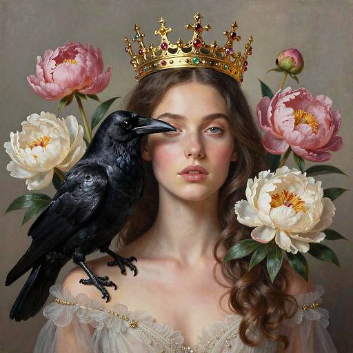 Digital painting of a fair-skinned woman with long brown hair, wearing a golden crown and white off-shoulder dress, with a black raven